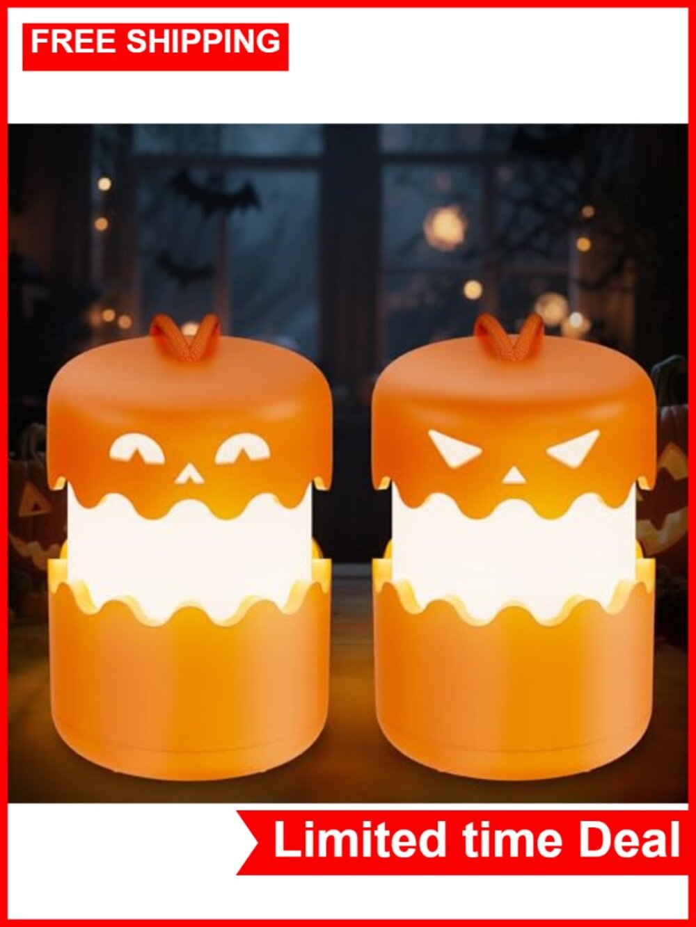 Rechargeable Halloween Pumpkin Lantern Lights 2 Pack LED Jack-O-Lantern